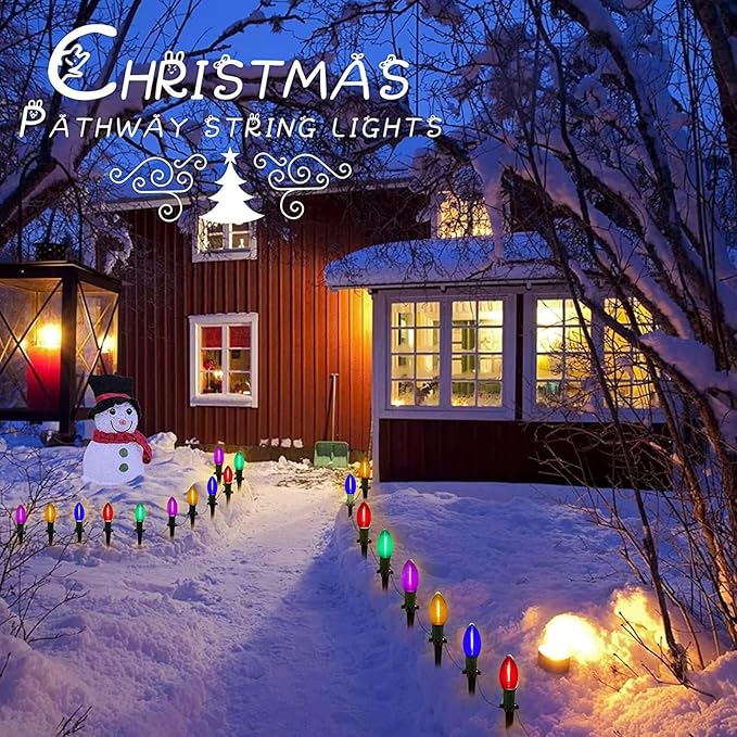 C9 LED Christmas Pathway Lights Outdoor 38Ft 25 LED C9 Multicolor Bulbs Christmas Pathway Stakes Lights, Connectable Outdoor Walkway Lights for Yard Patio Sidewalk Driveway Garden Lawn Decor