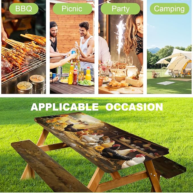 ANNA QUEEN Farm Chicken Picnic Table Cover Set, Rustic Country Barn 6FT 3PCS Tablecloth and Bench Covers 72"x30" Waterproof for Camping BBQ & Outdoor Dining