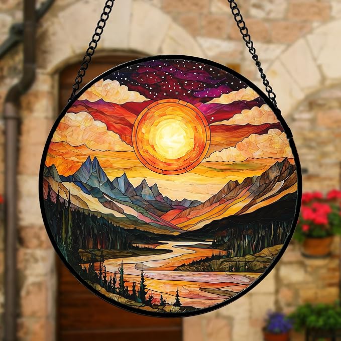 DASTOLL Stained Glass Window Hanging, Dusk Sunset Landscape Sun Catchers Glass Panel Lakes and Mountains Suncatcher Decor for Birthday for Women, Men, Wife, Aunt, and Mom 6.3 in