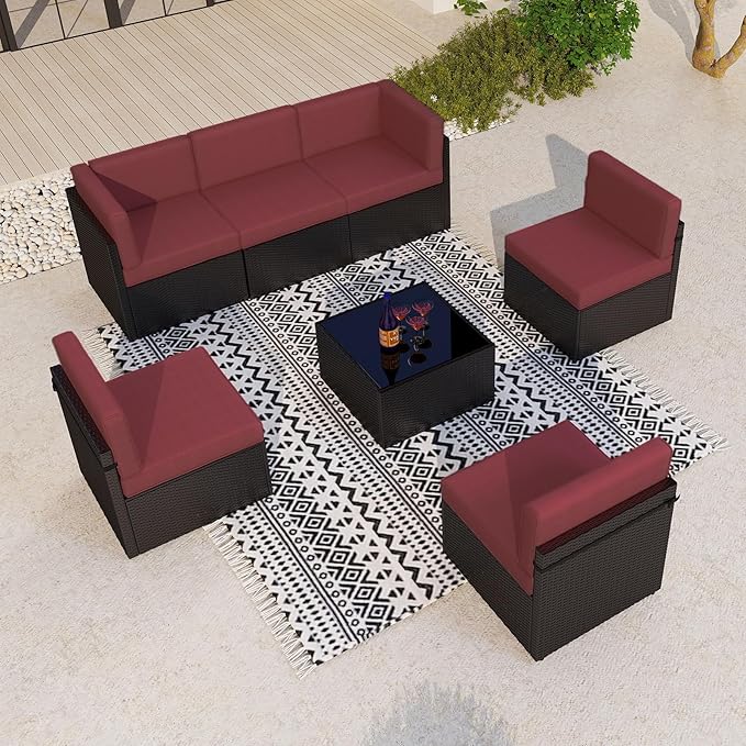 kinbor 7-Piece Outdoor Sectional Patio Furniture Set - Black PE Wicker Outdoor Couch with Thick Cushions, Luxury Patio Set for Backyard, Poolside, Porch, Burgundy
