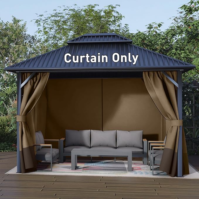 Aoodor 10x12 ft Outdoor Gazebo Curtains, 4 Panels Waterproof Privacy Sidewall Replacement with Zipper for Patio Pergola and Canopy, Light Coffee and Coffee