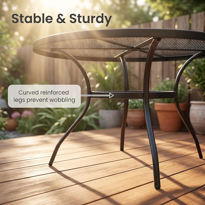 5Piece Outdoor Dining Set, Patio Dining Table Set for 4, 42" Mesh Round Table with 4 Black Metal Mesh Outdoor Dining Chairs with Armrest for Lawn, Garden, or Porch