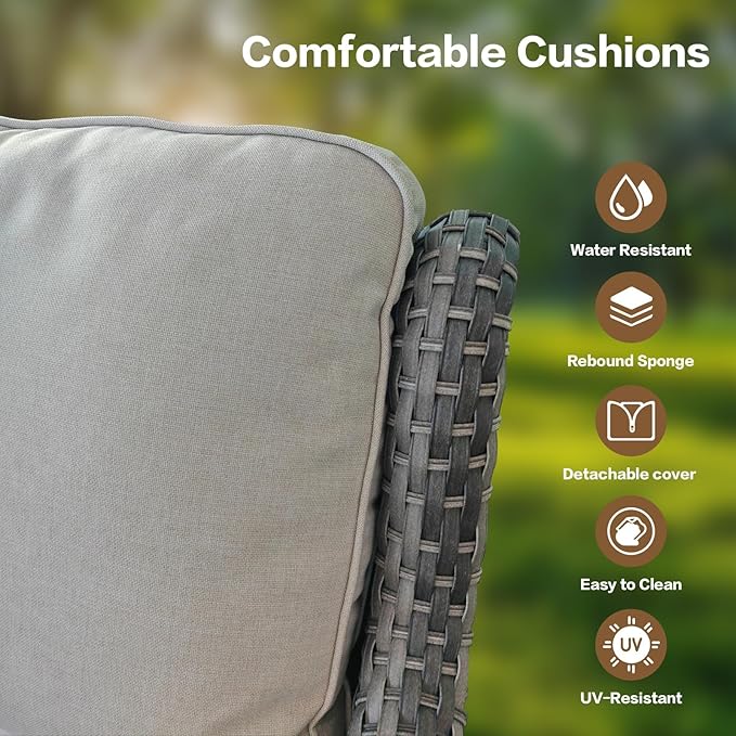 3 Pieces Patio Furniture Conversation Set PE Rattan Wicker Outdoor with 2 Armrest Chair and 1 Coffee Side Table, Soft Thick Washable Cushion for Yard Backyard Poolside Garden (Grey/Beige)