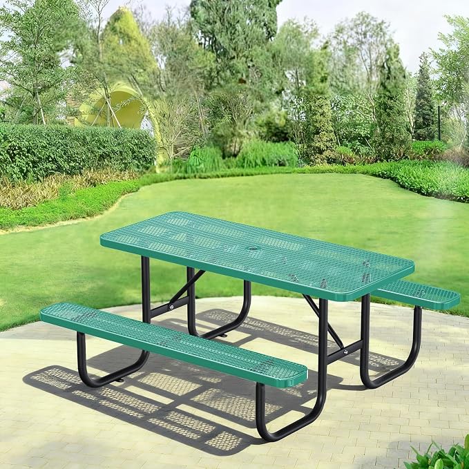 6FT/72IN Heavy Duty Outdoor Picnic Table and 2 Benches for 4-8 People, Weather Resistant Rectangular Steel Picnic Table Set with Umbrella Hole for Yard Patio Lawn Party Green