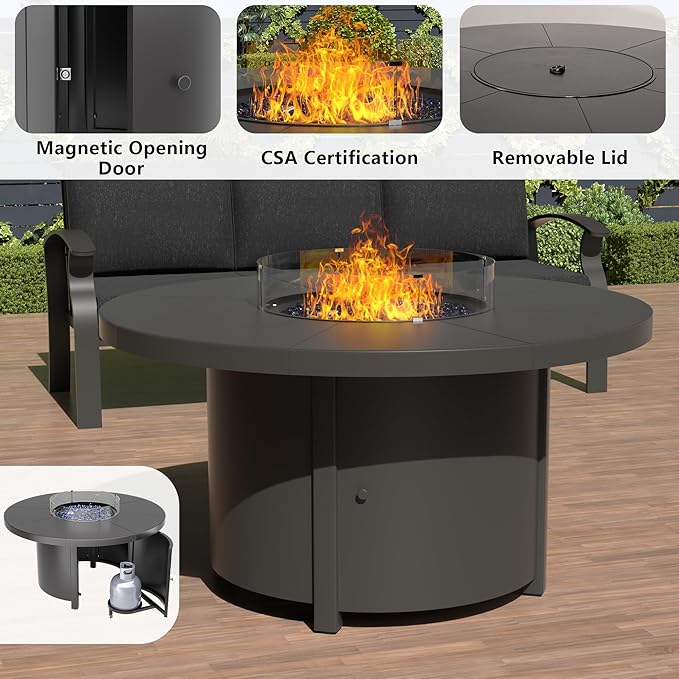 ALAULM Aluminum Patio Furniture Set with Round Propane Fire Pit Table 7-seat Metal Outdoor Furniture w/5.1" Cushions Patio Sectional Sofas for Porch, Lawn, Poolside（Black