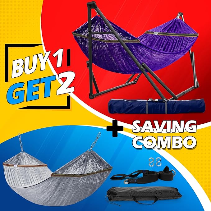 Tranquillo Combo x2 Hammocks with Stand for Outside & Tree Straps, Heavy Duty Hammock with Stand 600lbs for Indoor Outdoor Patio Backyard, x2 Hammocks for 2 Person (Combo - Purple, Medium)