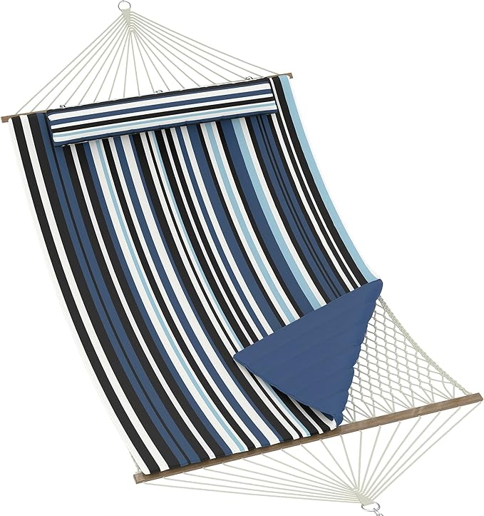 2 Person 12FT Hammocks for Outside, Double Quilted Fabric Outdoor Hammock with Spreader Bar, Large Removable Pillow, Storage Pockets, Carabiners, Max 450 Lbs Capacity