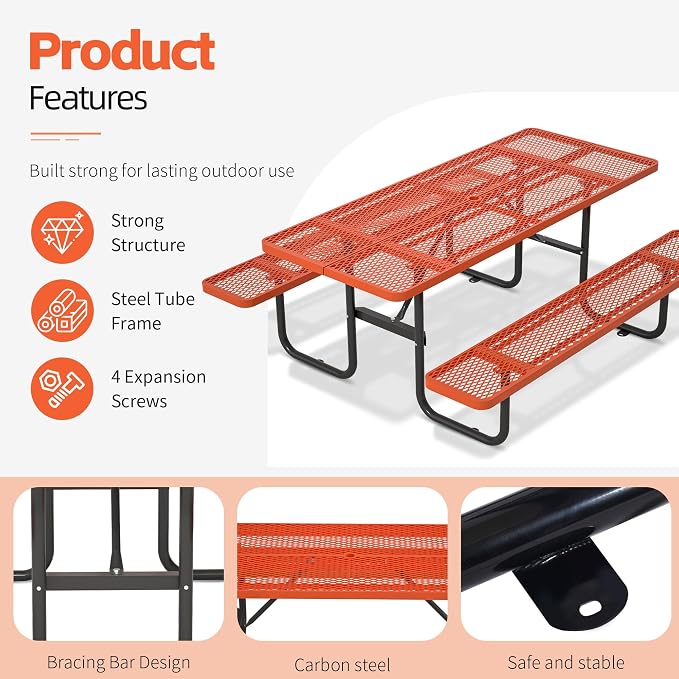 72" Outdoor Rectangular Picnic Table with Umbrella Hole, Heavy Duty Commercial Grade Steel Camping Table for Backyard Patio Deck, Weather-Resistant Orange Metal Mesh