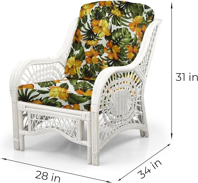 Malibu Lounge Set of 4: 2 Natural Rattan Wicker Chairs, Three-Seater Sofa with Floral Cushions and Coffee Table with Glass Handmade, White Color