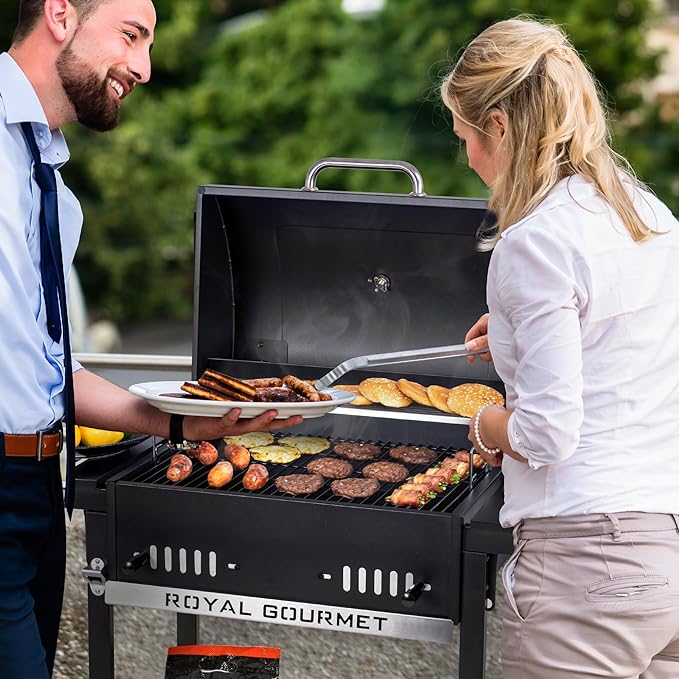 Royal Gourmet 24-Inch Movable Charcoal BBQ Grill with Foldable Side Shelves, Temperature-Controlled, 461 Sq., Ideal for Backyard Party, Outdoor Picnic, Patio Cooking, Garden Grilling, Black