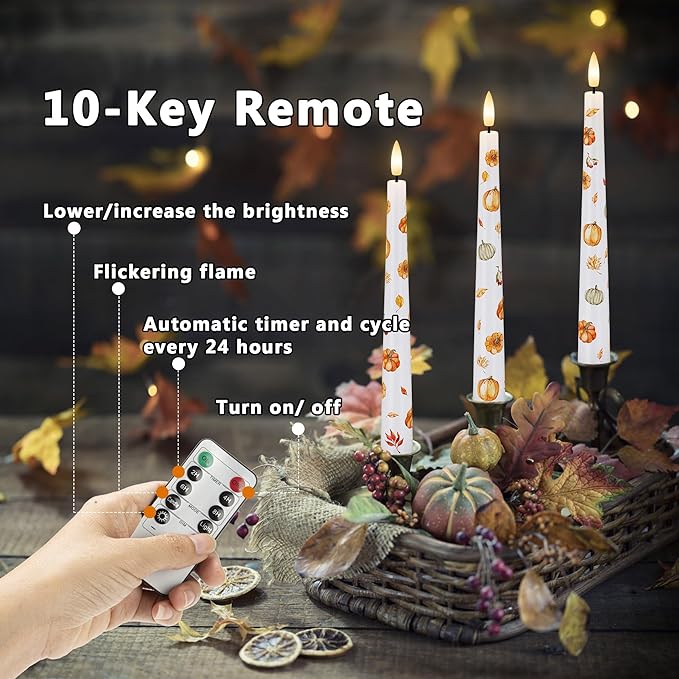 Fall Flameless Taper Candles, Pumpkin & Maple Leaf Battery Operated Candles with Remote, Real Wax Autumn Led Candlesticks, Fall, Harvest, Thanksgiving, Halloween Decorations for Home Party