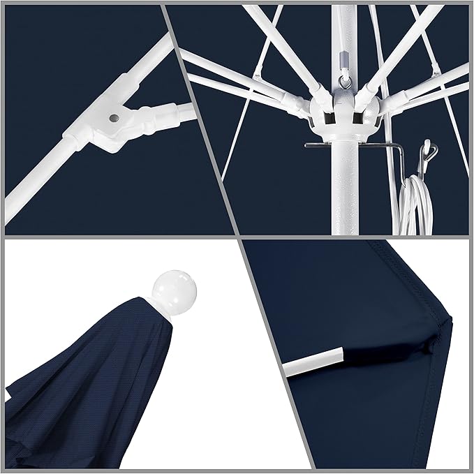 California Umbrella 9' Round Aluminum/Fiberglass Umbrella, Push Open, White Pole, Olefin Navy Blue Fabric