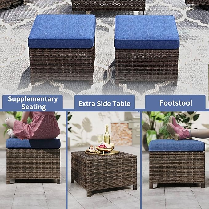 Kinsuite 7 PCS Patio Furniture Set, Outdoor Conversation Sets with Swivel Chairs & Ottomans, All-Weather Wicker Sectional Sofa with Thicken Cushions for Garden, Lawn, Deck, Backyard, Blue