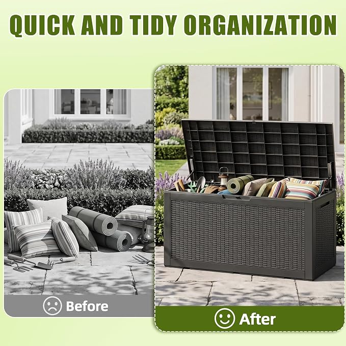 Vixzen 120 Gallon Deck Boxes Outdoor Waterproof, Large Resin Lockable Storage Box with lid for Patio Furniture Cushions, Weatherproof Outdoor Storage Boxes for Garden Tools & Pool Accessories(Black)