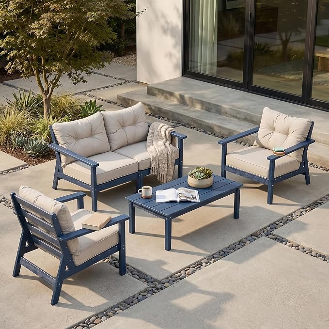 HDPE Patio Conversation Set 4 Seats, Outdoor Furniture Set, Patio Sofa Set | Water-Resistant Thick Cushion, HDPE All Weather, Wood-Grain, No Rot or Rust or Crack, UV Fade Shield, Easy-Clean for Outside