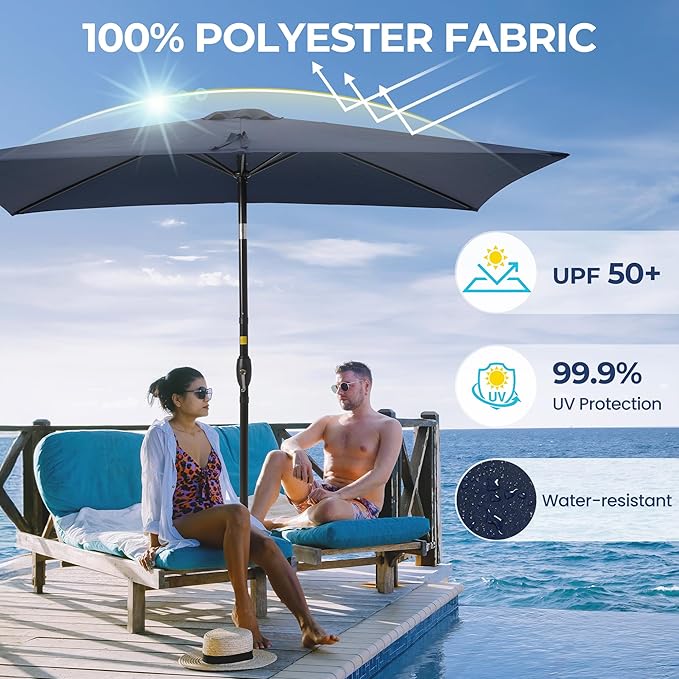Kiss the Water 6.5' x 10' Patio Umbrella, Rectangular Outdoor Umbrella, Metal Pole Pool Umbrella with Crank and Push Button Tilt, Large Patio Umbrella with Polyester Canopy
