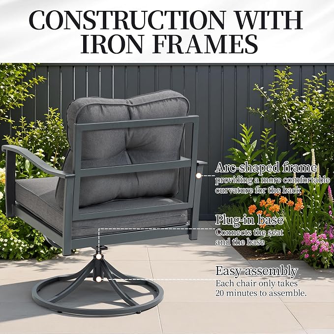 Outdoor Patio Furniture Set, 2 Pcs Swivel Chairs and Coffee Table, All-Weather Metal Modern Outside Furniture with Washable Thick Cushion for Garden/Backyard/Porch, Grey