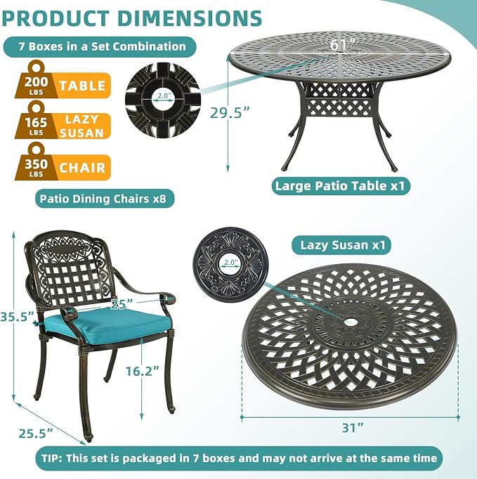 MEETWARM 9-Piece Outdoor Furniture Dining Set, All Weather Cast Aluminum Patio Garden Set with 8 Cushioned Chairs, 61" Round Patio Dining Table with Detachable Lazy Susan, 2" Umbrella Hole, Ocean Blue