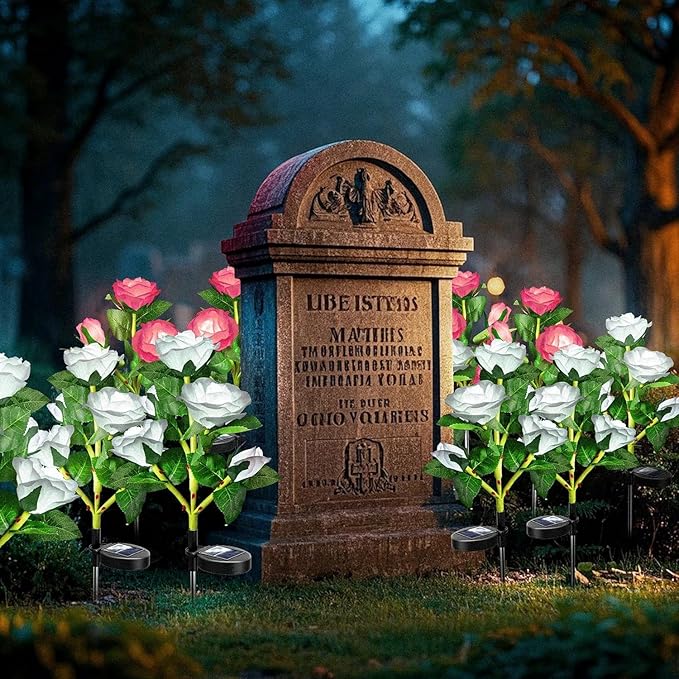 Anordsem Solar Garden Lights Outdoor: 20 Artificial Fabric White Roses Flowers 4 Pack- LED Flower Decorations for Cemetery Grave Pathway Yard- Valentine's Day Gifts for Women, Wife and Mother