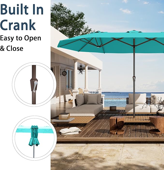 PatioKingdom 15FT Large Patio Umbrella with Base, Double Sided Rectangular Outdoor Umbrella with Sturdy Fiberglass Ribs, Market Umbrella for Pool,Garden,Backyard,Deck (Peacock Blue, 15FT)