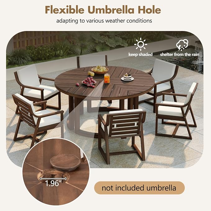 7-Piece Patio Dining Table Set for 6, 59" Round Wooden Table with 1.96" Umbrella Hole, Outdoor Furniture with Removable Beige Cushions, Mocha Finish, for Garden Backyard Poolside (Mocha1)
