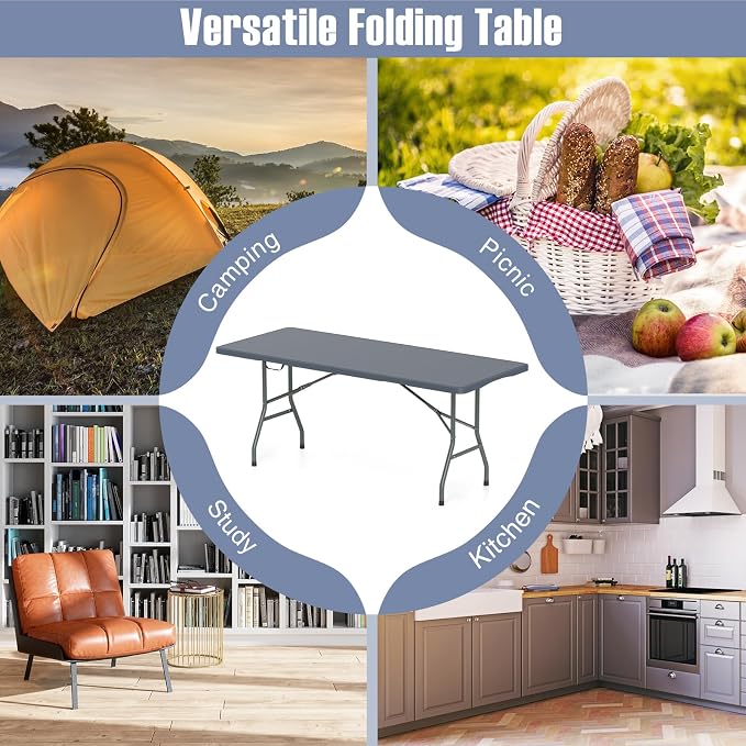 Goplus Folding Table, HDPE Portable Table with 6 ft Long Tabletop, Metal Frame Picnic Camping Table with Safe Lock, Collapsible Dining Table for Camping, Picnic, Party (Gray, 6 FT)