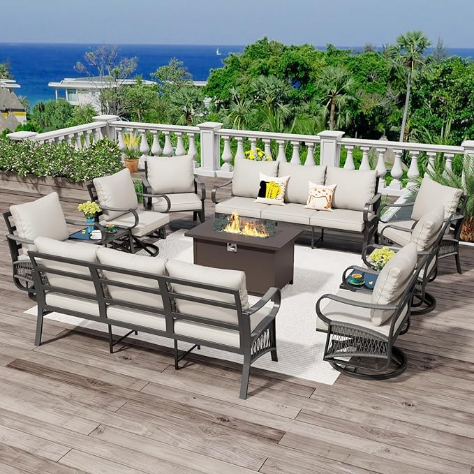 11 Piece Patio Furniture Set, All Weather Metal Outdoor Conversation Set with 50000 BTU Propane Fire Pit Table and 5" Thick Cushions, Sectional Sofa for Garden, Porch, Lawn, Beige