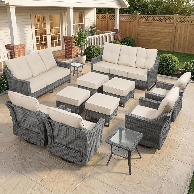 12 Piece Patio Furniture Set, 360°Swivel Glider Patio Chairs Set of 4, Outdoor 4 Ottomans,2 Sofas, 2 Side Tables Comfortable Seating with 6 Inch Thick Cushions, All-Weather Wicker Outdoor Patio Set