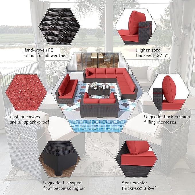 ALAULM 14 Pieces Patio Furniture Set Wicker Patio Conversation Set, Outdoor Sectional Furniture w/Coffee Table & Washable Seat Cushions-Red