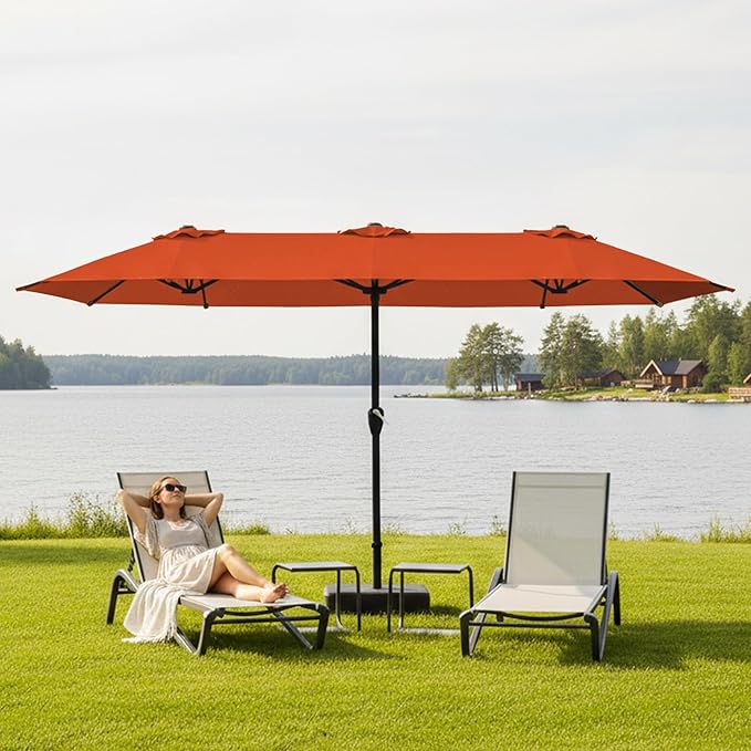 15FT Large Patio Umbrella with Base, Double Sided Rectangular Outdoor Umbrella with Sturdy Fiberglass Ribs, UPF 50+ Sun Protection, Wind-Resistant, Waterproof Fade-Resistant Fabric for Pool, Garden, Backyard, Deck(Orange)