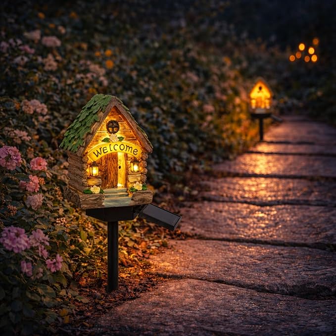 Solar Garden Lights Outdoor, 2 Pack Decorative Solar Fairy House Pathway Lights Waterproof, Resin Garden Lights for Yard Lawn Patio Decor