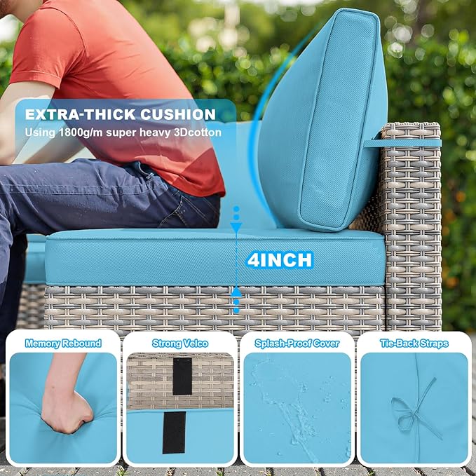 14-Piece Patio Furniture Set, Outdoor Sectional with Thick Cushions, Modular Patio Sofa, Dual-Strand Wicker Rattan, Rust-Resistant Frame, Backyard Furniture for Garden, Deck, Lake Blue