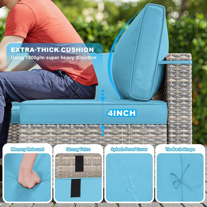 15-Piece Patio Furniture Set, Outdoor Patio Furniture with 55,000 BTU Fire Pit Table, Thick Cushions, Modular Patio Sofa, Dual-Strand Wicker Rattan, Rust-Resistant Frame, Lake Blue