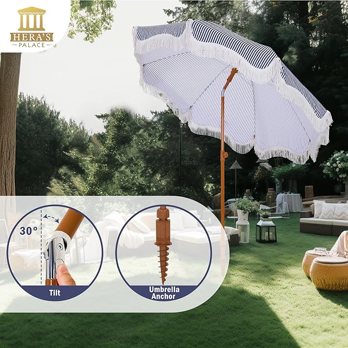 HERA'S PALACE 7ft Heavy Duty Beach Umbrella with Sand Anchor, Fringe Umbrella for Sand, UV 50+, Patio Umbrella with Tilt Pole for Garden Pool Backyard