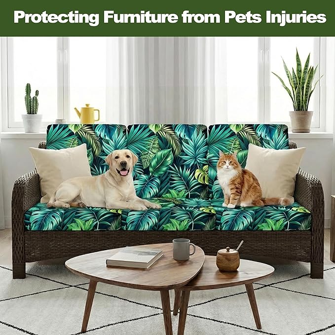 CALBODE 12 Pcs Stretch Outdoor Seat Cushion Covers, Washable Chair Seat Cover for Patio Furniture Cushions Soft Indoor and Outdoor Couch Cover Replacement (Green Tropical Leaves, Cover Only)