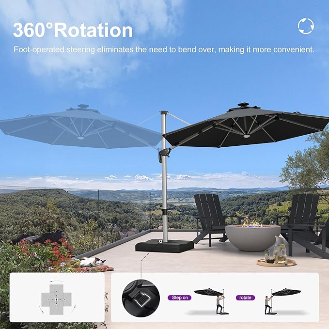 PURPLE LEAF Cantilever Umbrella with base 10ft Outdoor Round Patio Solar Powered LED Umbrella with 360-degree Rotation for Garden Deck Pool Patio, Grey