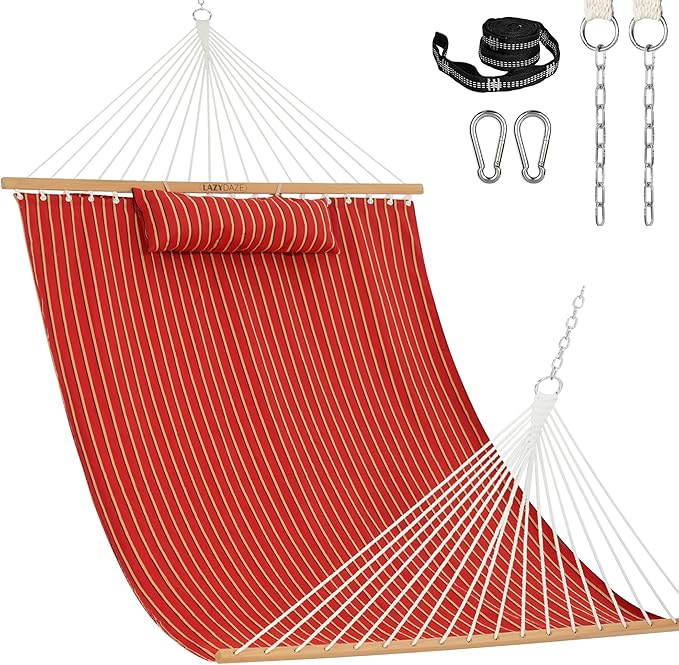 Lazy Daze Hammocks 12 FT Sunbrella Fabric Hammock not Fading with Spreader Bars and Free Pillow Fits for 2 Persons, All Weather and Fade Resistant for Patio Yard, 450 lbs Capacity, Harwood Crimson