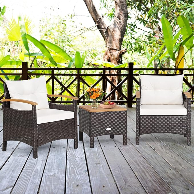 HAPPYGRILL 3-Piece Patio Furniture Set Outdoor PE Rattan Bistro Set with Coffee Table, Soft Seat Cushions & Throw Pillows, Acacia Wood Conversation Set for Patio Courtyard Poolside