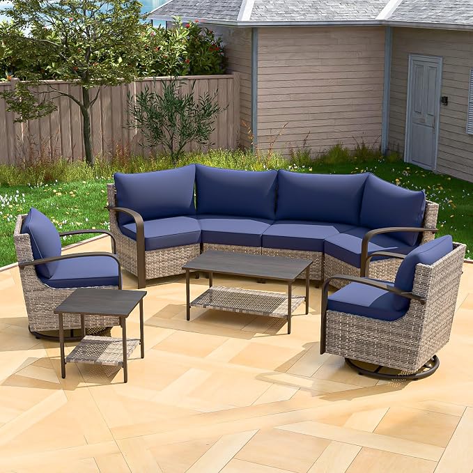 COOS BAY Aurora Terrace 7 Piece Outdoor Sectional Furniture Set, Half Moon Rattan Wicker Conversation Set with Swivel Chairs, 4 Seat Sofa, Coffee & Side Table for Patio Garden Yard, Beige/Blue