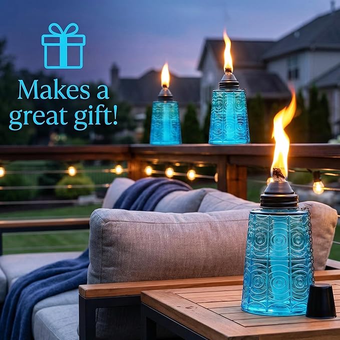 Seraphic Citronella Table Top Torches for Outdoor Patio, 16oz Decorative Glass Torch Citronella Candles for Outside Deck, Garden, Parties, Set of 3, Blue
