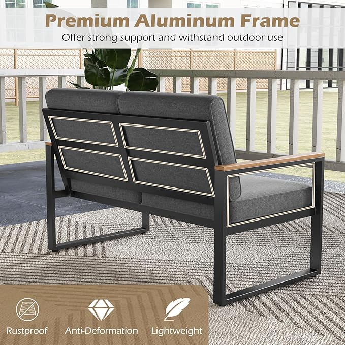 Tangkula 2 Piece Patio Aluminum Furniture Set, Outdoor Cushioned Loveseat with Coffee Table Set, with Wood-Plastic Armrests & Tabletop, for Balcony, Backyard, Poolside