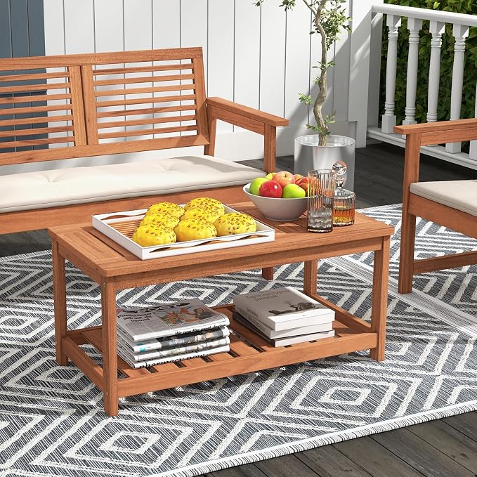 Giantex Hardwood Patio Coffee Table - 2-Tier Wooden Coffee Table with Slatted Tabletop & Storage Shelf, Outdoor Rectangular Center Table for Backyard, Garden, Poolside, Balcony & Indoor, Walnut