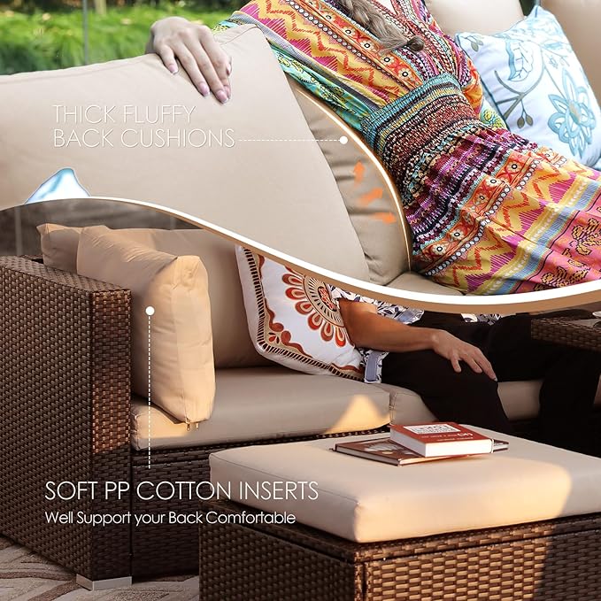NICESOUL 15 Piece Outdoor Sectional with Fire Pit Table, Modern Luxury Patio Deep Seating w/Firepit, 29.3'' High-Back Wicker Couch Thick, Big High-Weight Capacity Sofa for Garden, Yard, Brown & Beige