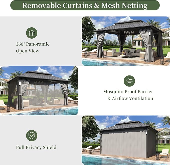 Aoxun 14'x12' Hardtop Gazebo with 4 LED Lights, Outdoor Gazebo with Galvanized Steel Double Roof, Patio Gazebo with Breathable Netting & Privacy Curtain, Decor Hooks for Backyard, Gray