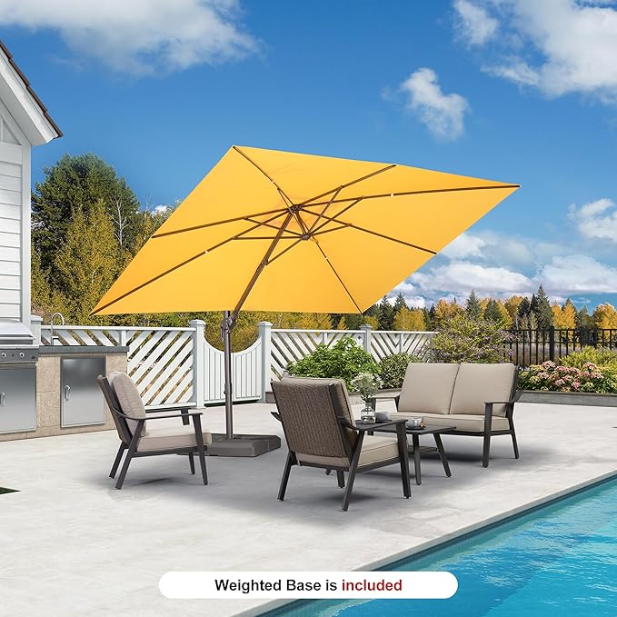 PURPLE LEAF 9' X 11.5' Rectangle Cantilever Umbrella with Base Patio Umbrella Outdoor Aluminum Antique Bronze Offset Hanging Umbrella with 360-degree Rotation for Pool Garden Backyard Deck, Yellow