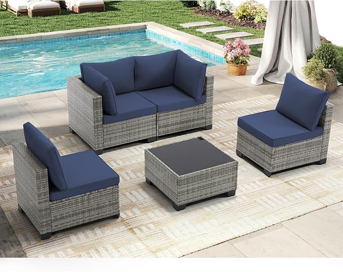 CANMOV 5 Pieces Patio Furniture Sets, All Weather Outdoor Patio Conversation Set, PE Wicker Rattan Sectional Sofa Couch Glass Coffee Table Washable Cushions for Backyard, Porch, Poolside, Navy Blue