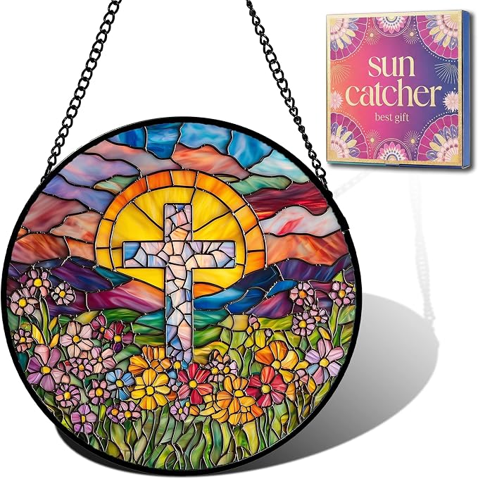Christian Gifts for Women - Flower Cross Faux Stained Glass Window Hanging Sun Catcher for Acrylic Home Decor Mother's Day Christmas Easter Religion Gift for Mom Nana Men Grandma Wife Dad 6.3"