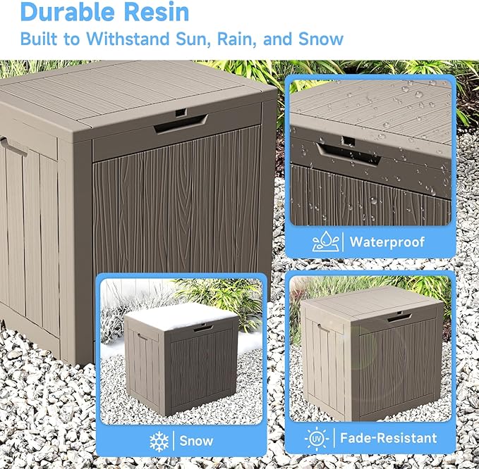PatioZen 36 Gallon Deck Box,Waterproof Resin Outdoor Storage Boxes, Outside Storage Lockable Container for Garden Tools,Indooor Cushions,Accessories (Grey)