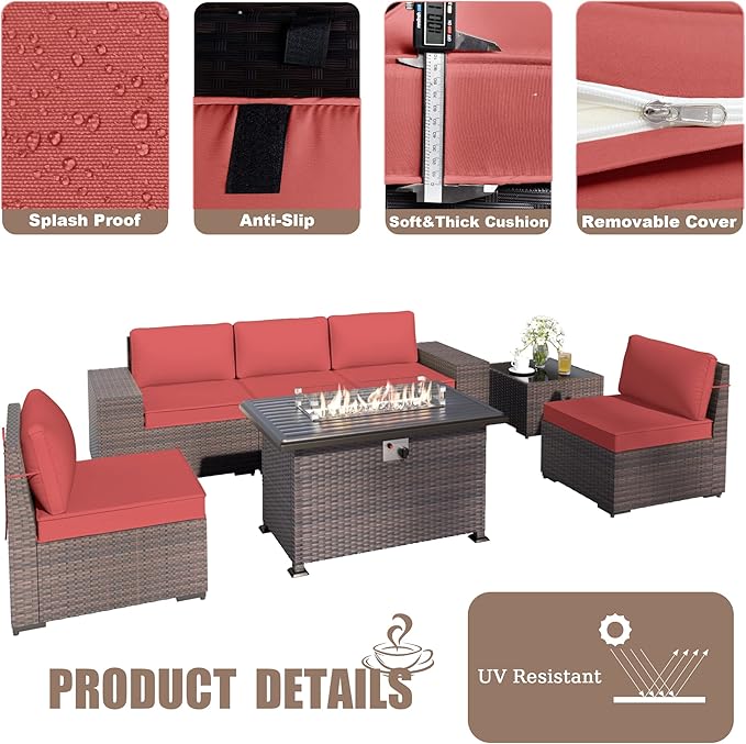Patio Furniture Sectional Sofa Set 7-Pieces PE Rattan Patio Conversation Set w/43in Gas Fire Pit Table, Outdoor Furniture with 55000 BTU Propane Fire Pit, Red