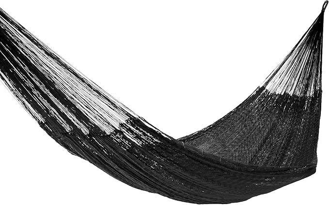 NOVICA Black Hand Woven Nylon Mayan 1 Person Rope Hammock with Hanging Accessories, 'Black Relaxation' (Single)